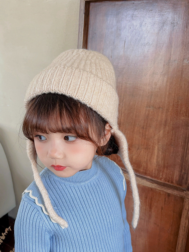 Gestrickte Ohrenschutzmütze für Kinder im japanischen Stil, neue Herbst- und Wintermütze aus dunkler, eleganter, warmer Wolle, einfarbige Strickmütze_voghion.com