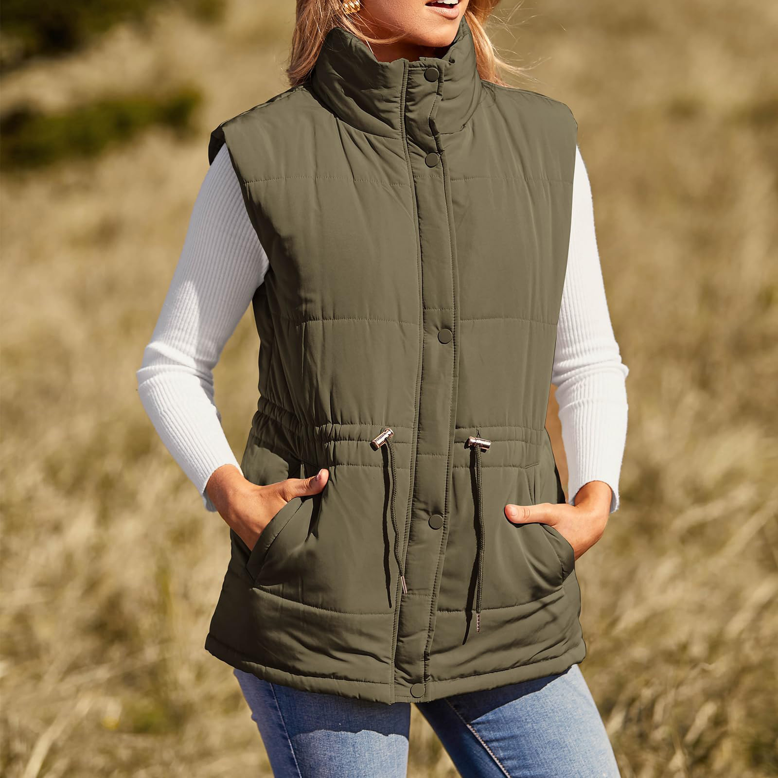 2024wish European and American solid color waist-tight single-breasted mid-length cotton-padded vest slim-fit elegant cardigan coat