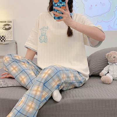 2023spring and summer new pajamas women's short-sleeved trousers suit pullover round neck home wear cotton wholesale