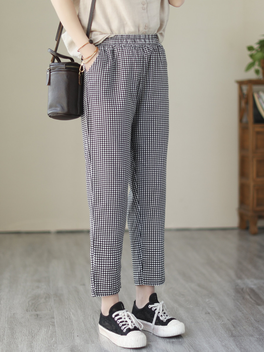 100 Cotton Women's Pants Large Size Cropped Pants Women's 2023 Summer New Arrival Loose Harlan Straight Casual Pants Women's Plaid