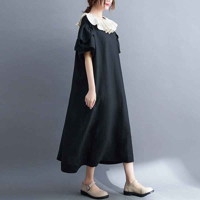 Actual shot of  new summer style trumpet sleeve lotus leaf collar black cotton and linen women's fat MM large size doll collar cotton and linen dress