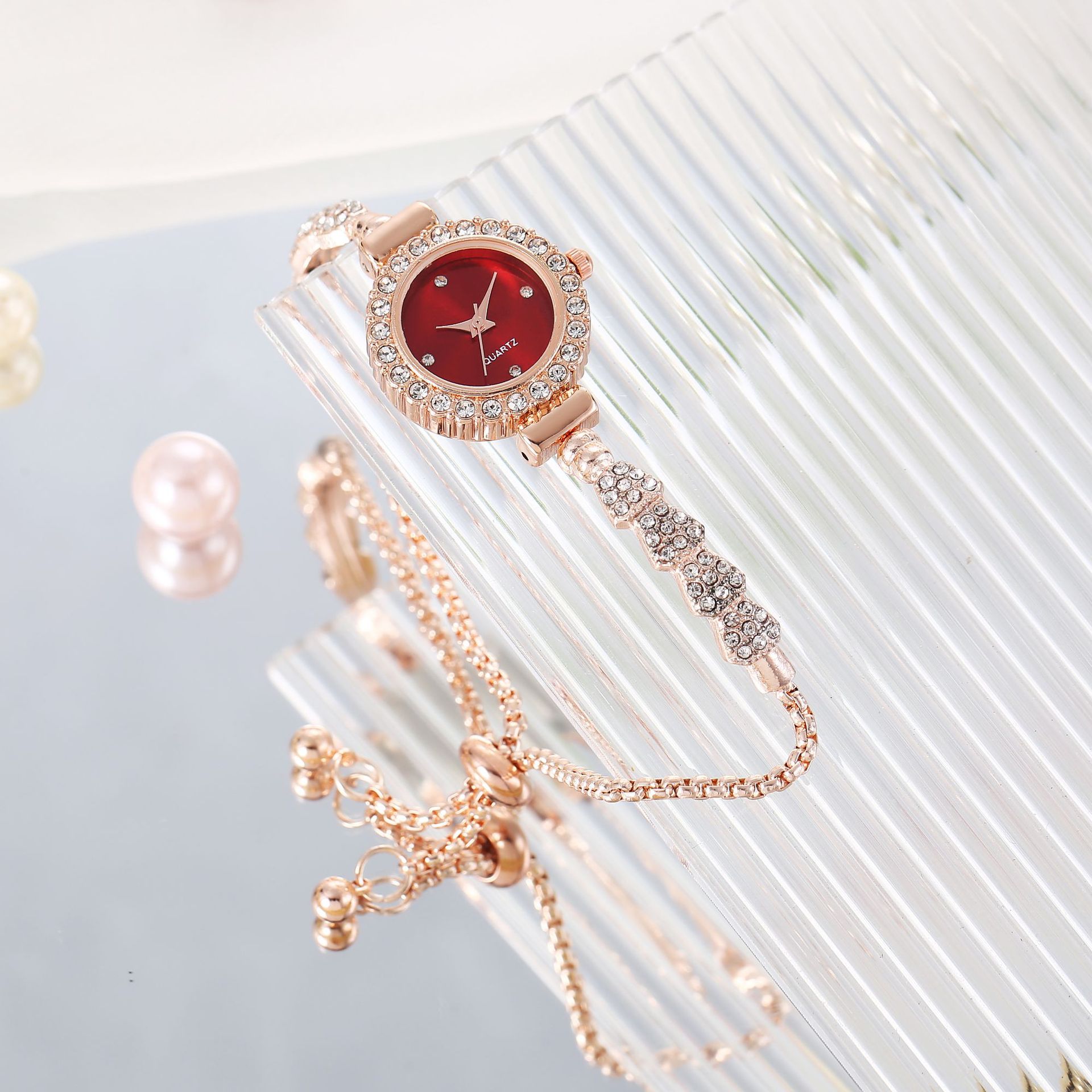Fashionable Ladies' Watch with Diamonds in Round Design. A Women's Quartz Watch with a Freely Adjustable Bracelet