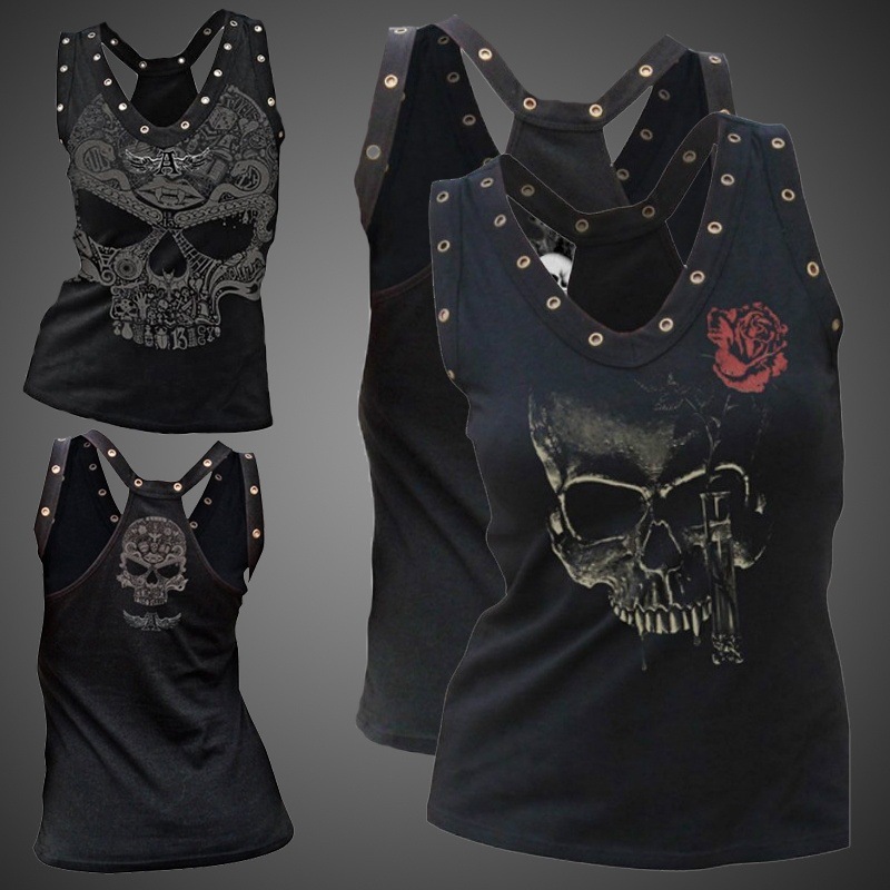 Ou Code Cross Border Spring and Summer Women's Black Vest New Skull Rose Print Dark Style Sleeveless Top