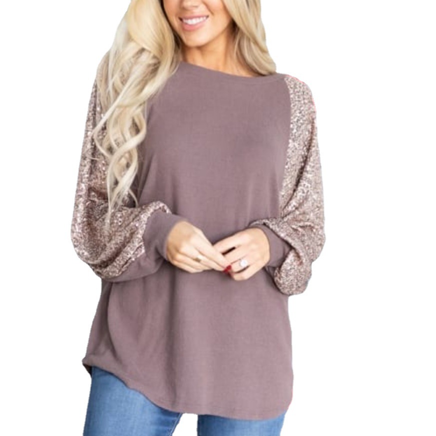  Autumn and Winter European and American Amazon AliExpress Sequin Stitching Women's Round Neck Loose Raglan Sleeve Fashion Top