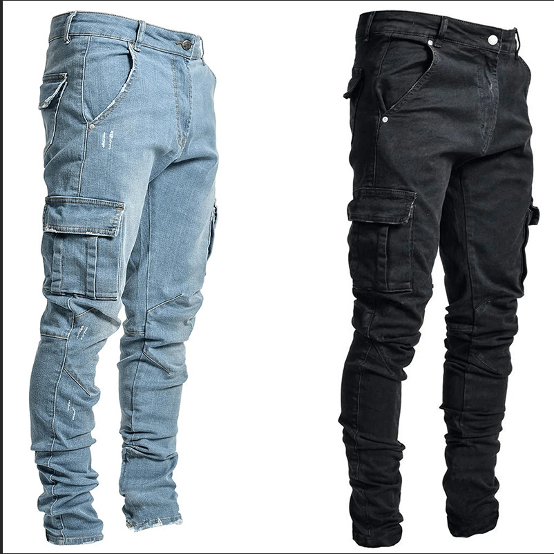 2021 spot Europe and the United States cross-border new jeans men's side pocket feet tight jeans a generation of hair
