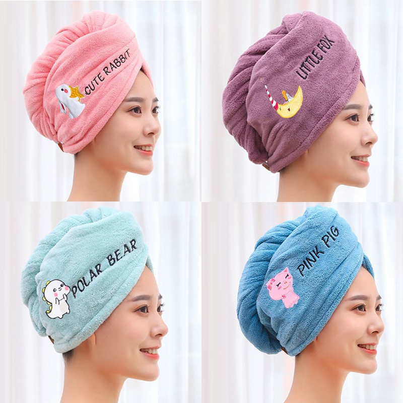 Double Coral Fleece Dry Hair Towel Shower Cap Thickened Soft Absorbent Cartoon Pattern Embroidery Toe Towel Factory Straight Hair