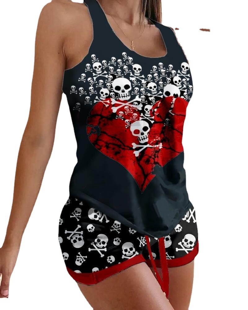 Halloween New I-Shaped Printed Vest and Drawstring Belted Shorts Set Elegant Commuter Sleeveless Women's Clothing