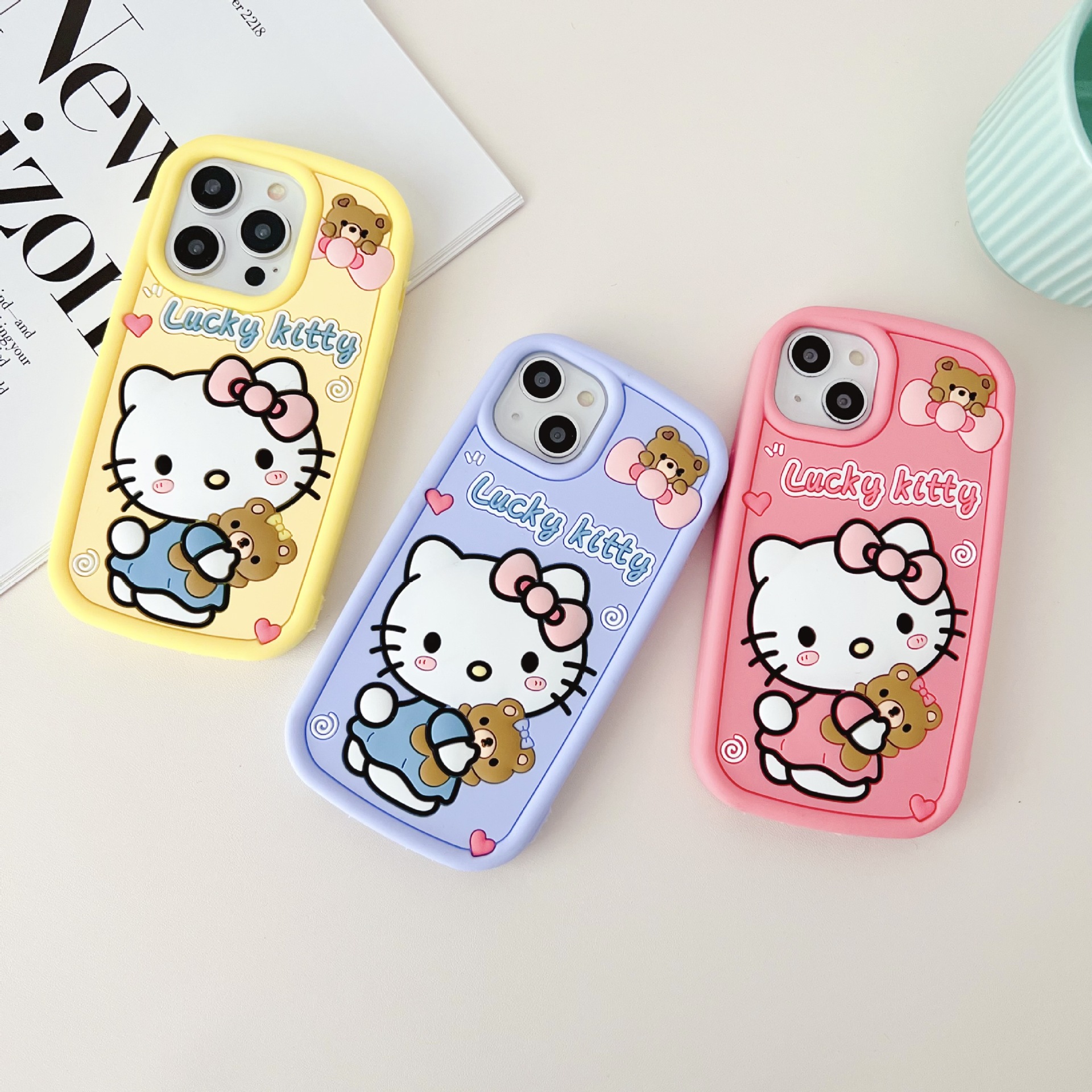 抱熊凱蒂貓蘋果14promax黃藍粉iphone11,12 kitty軟硅膠手機殼13