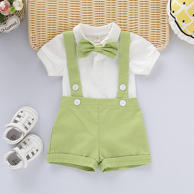 ins Explosive Foreign Trade Children's Wear Korean Style Summer Children's Suit Solid Color Short-sleeved Small Gentleman's Strap Pants