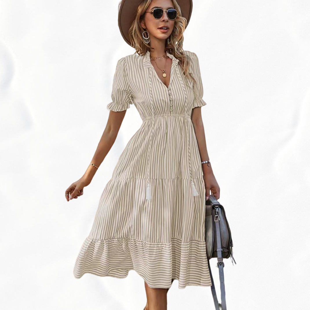 2023 women's striped dress V-neck elastic waist short sleeve big swing dress