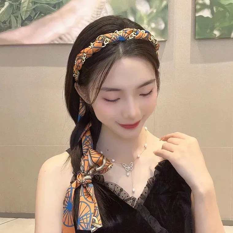 Vintage Chain Hair Hoop Royal Satin Fabric Hair Hoop Press Hair Clamp Head Hoop Ribbon Tie Hair System Braided Hair Headwear