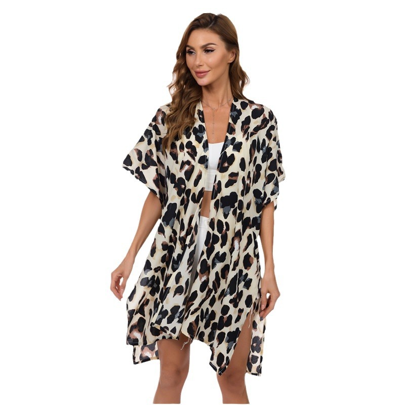 European and American Leopard Print Beach Dress Sunscreen Shirt Cross-border Women's Mid-length Beach Blouse Printed Chiffon Top Cardigan Women