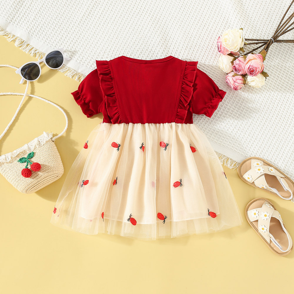 Summer Children's skirt 2023 new children's clothing knitted stitching pineapple embroidered mesh bow short sleeve girl dress