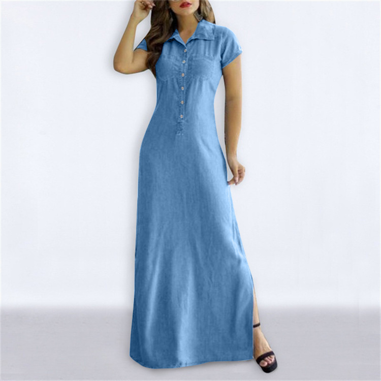 2024 European and American Cross-border New Long Dress Shirt Collar Split Pocket Large Dress Large Size Casual Denim Dress