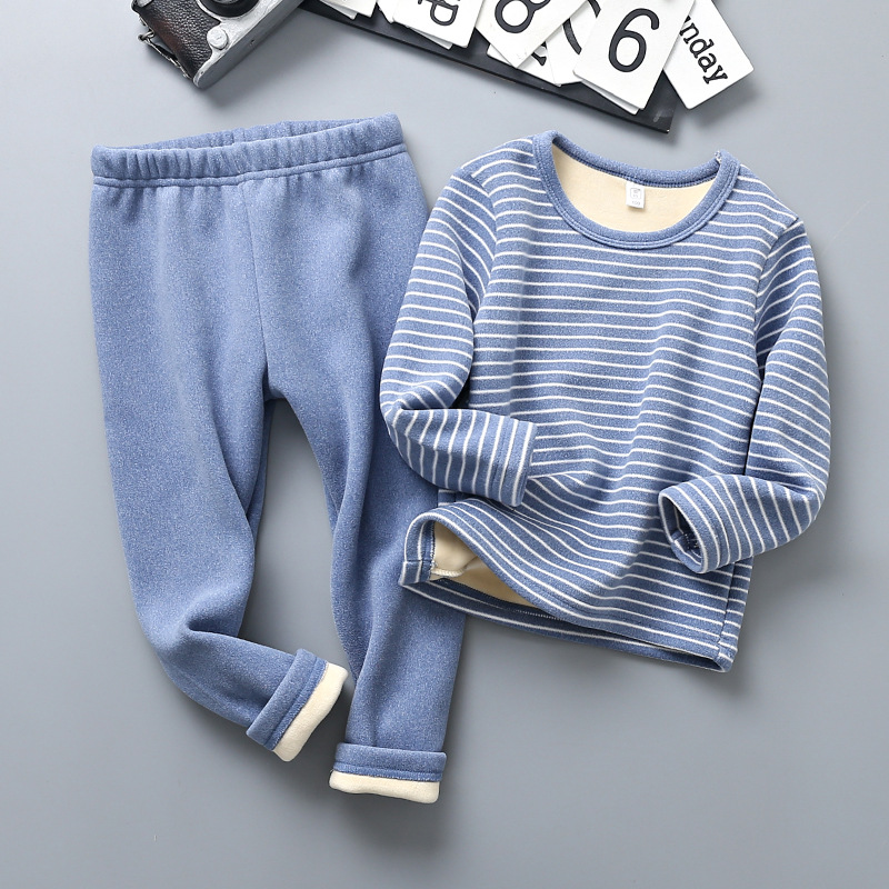 2023 autumn and winter children's fleece-lined thickened striped pajamas home wear small and medium boys and girls bottoming thermal underwear suit