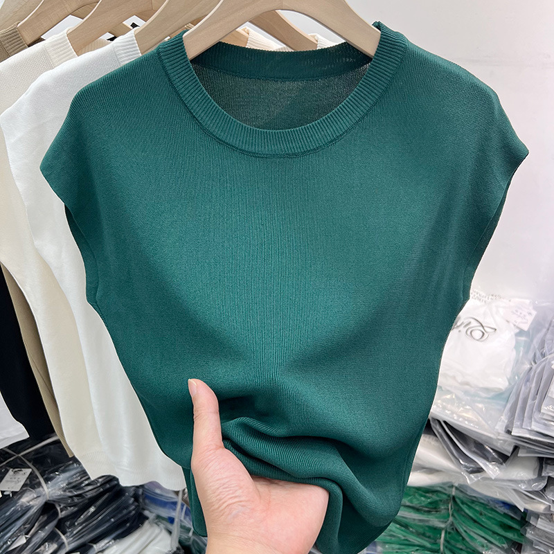 Cross-border thin sleeveless ice silk sweater women's summer loose pullover short sleeve t-shirt round neck temperament inner top