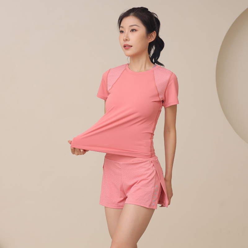 Summer new yoga sports suit women's mesh stitching fashion quick-drying short sleeve fitness high waist sports shorts