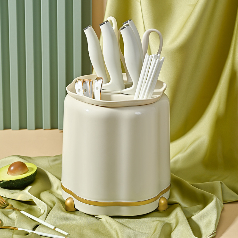 New Kitchen Rotating Knife Holder Light Luxury Cream Style Multifunctional Knife Storage Rack Household Storage Rack Integrated Chopsticks Rack