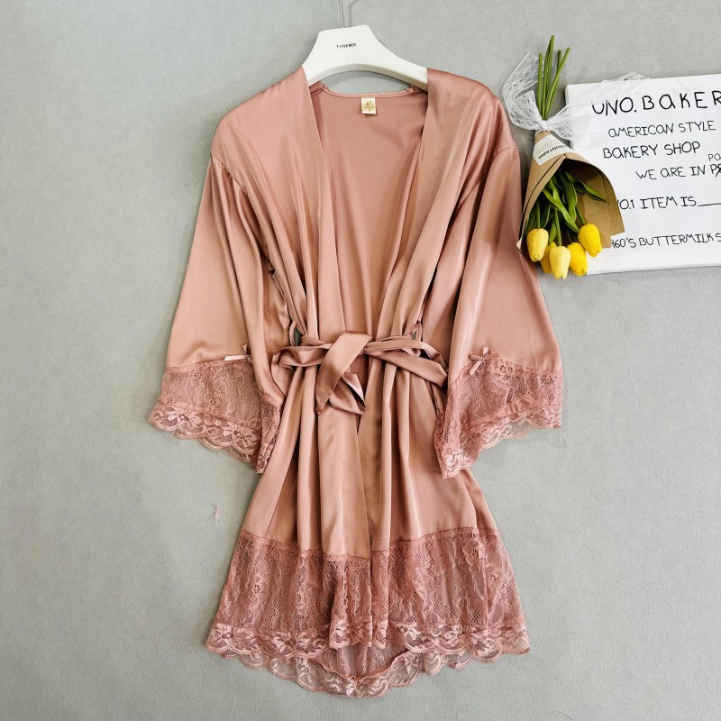 Women's sexy pajamas bride morning gown seductive artificial silk nightdress lace-up bathrobe spring, summer and autumn one-piece