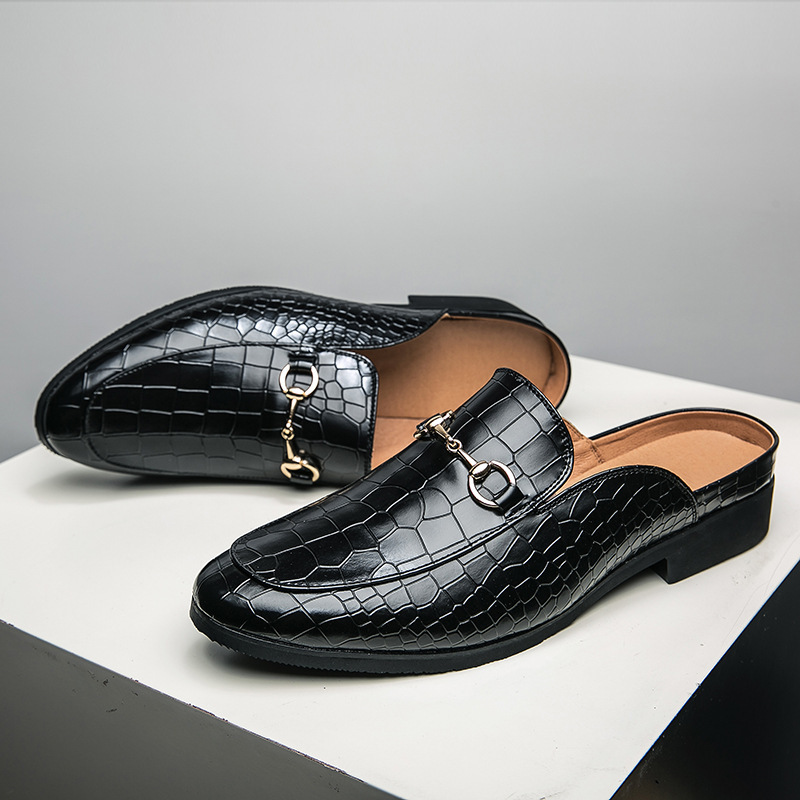 Summer 47 Large Size 48 Half Slippers Men's Shoes Crocodile Pattern Non-Slip British Lazy Shoes Casual Shoes Personalized Leather Shoes