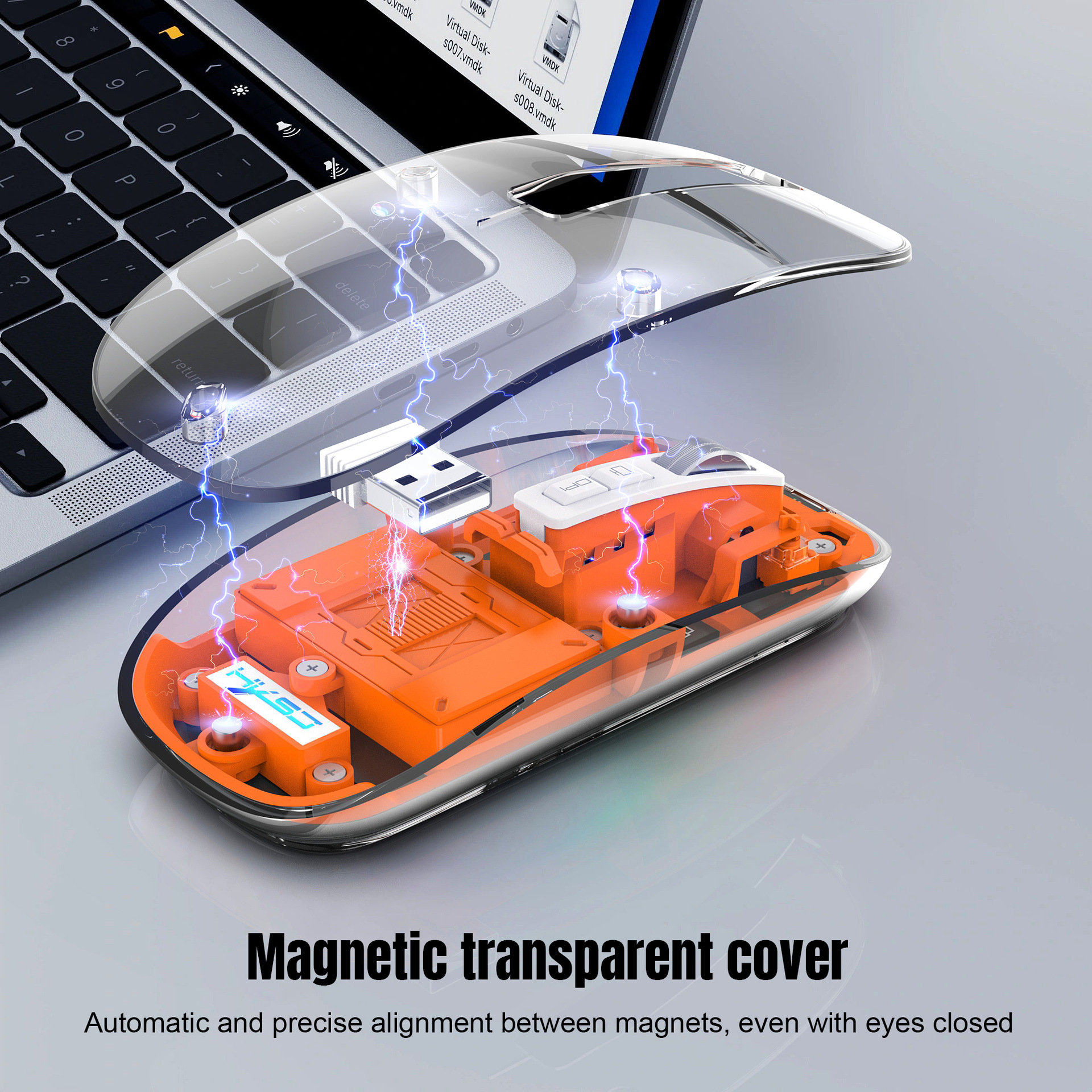 Three-mode transparent wireless mouse 2.4G/Bluetooth 5.1 silent magnetic rechargeable wireless mouse with power display