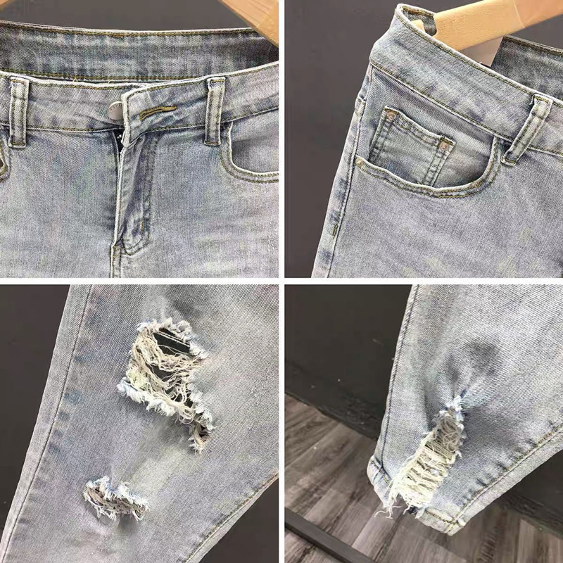 Men's Scraping Trendy Ripped Jeans Puppies Handsome Personalized Summer Slim-fit Skinny Pants Trendy Brand Cropped Beggar Pants for Men