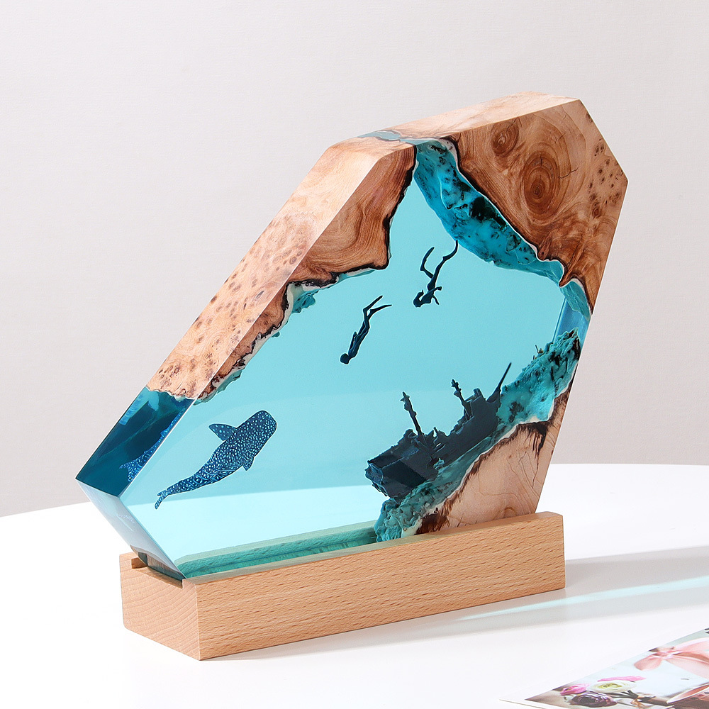 家庭装飾品寝室オフィスデスクトップ沈船サメクジラ海洋芸術置物プレゼント実木樹脂ナイトライト