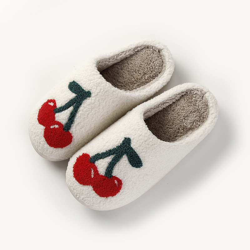 New home big cherry warm winter cotton slippers couple men and women thick bottom soft sole shoes thickened non-slip cute card