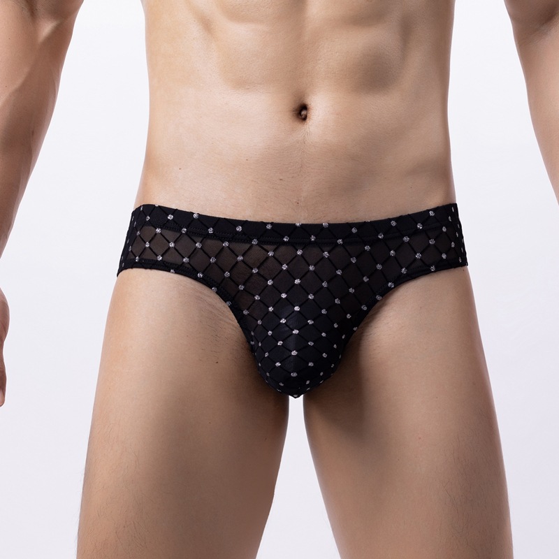 In accordance with the cool men's triangle sexy black gold mesh translucent Plaid underwear low waist breathable color matching a generation of hair