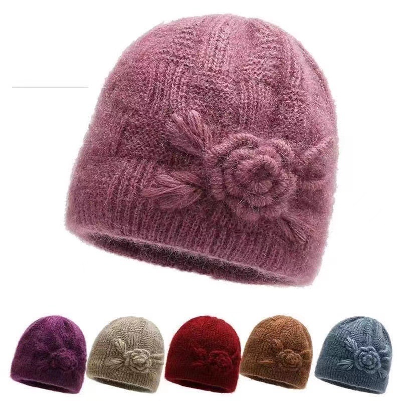 Old lady knitted hat female foreign trade new fashion ins Flower Wool hat fleece-lined warm mother Grandma hat
