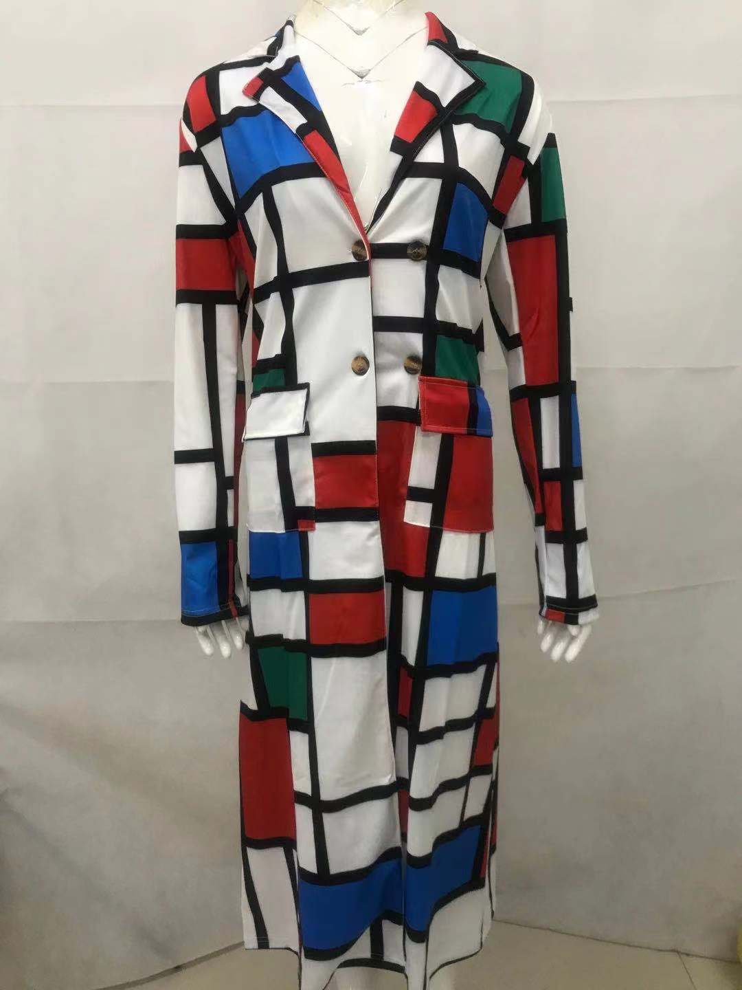 Autumn and winter New trench coat cross-border European and American plus size plaid printed double-breasted lapel coat coat women's coat_voghion.com