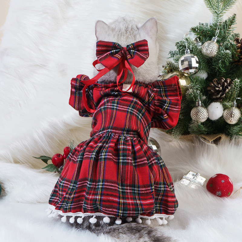 クリスマス犬服在庫ありペットクリスマスドレス猫アパレルチェック柄服|undefined