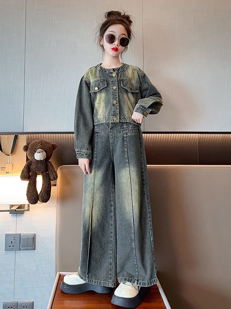 女童套裝秋裝2023新款兒童洋氣韓版春秋中大童網紅時髦牛仔兩件套