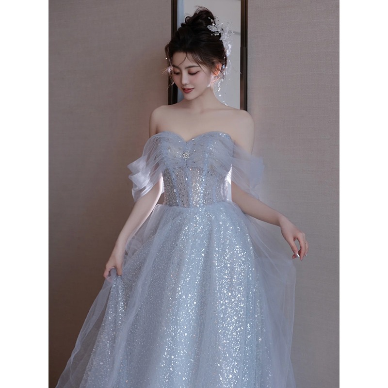 Evening Dress High-end Sense 2025 New Style Blue Banquet Elegant Light Luxury Vocal Art Test Host Gao Ding Birthday Dress