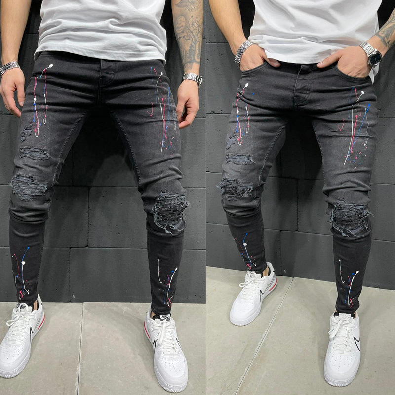 Cross-border European and American men's ripped printed jeans Amazon Qitong paint stretch skinny jeans New