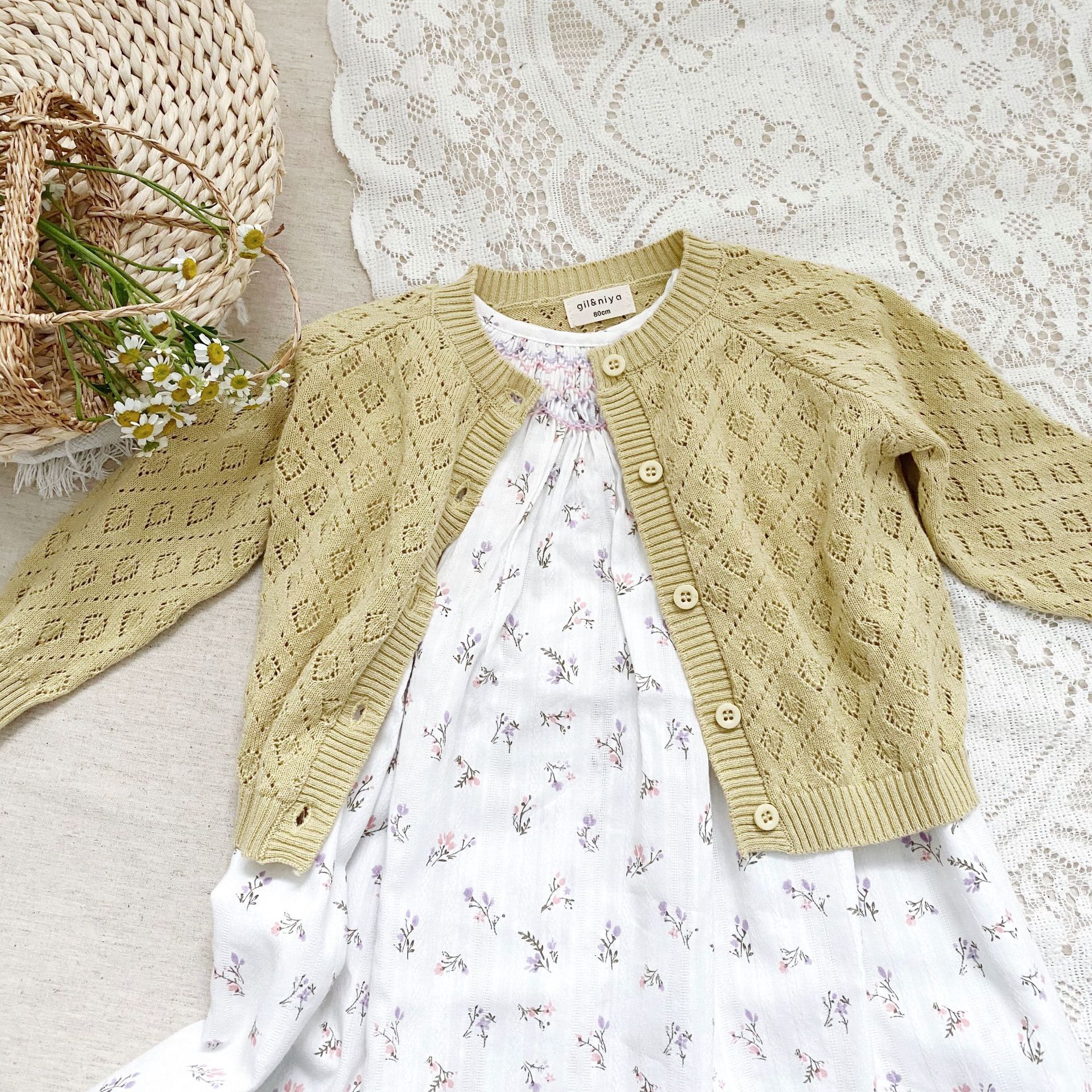Girls' Spring Summer Autumn Infant Long-sleeved Solid Color Sun-protective Shirt Air Conditioning Cardigan Knitted Hollow Jacket