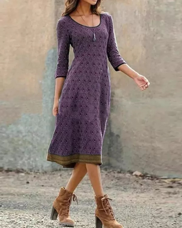 Amazon 2023 Autumn and Winter Dress Cross-border Women's Round Neck Printed Long Sleeve Bohemian Style Stitching Long Dress