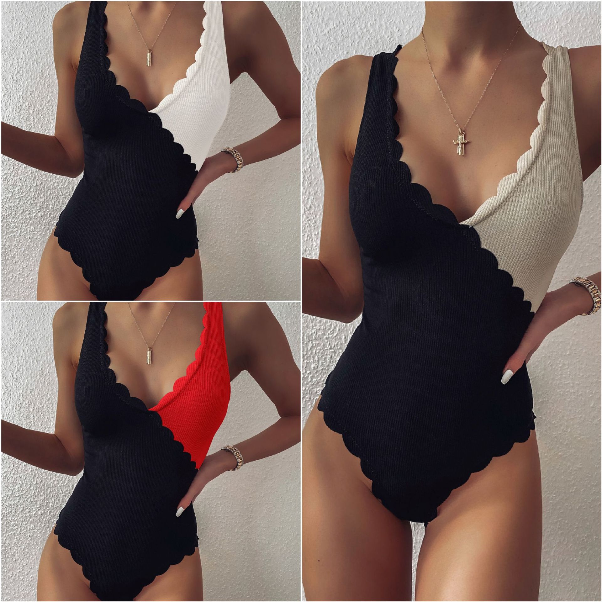 European and American Foreign Trade Women's One-piece Swimsuit Special Cloth Stitching Petal Edge Personality One-piece Swimsuit 9739