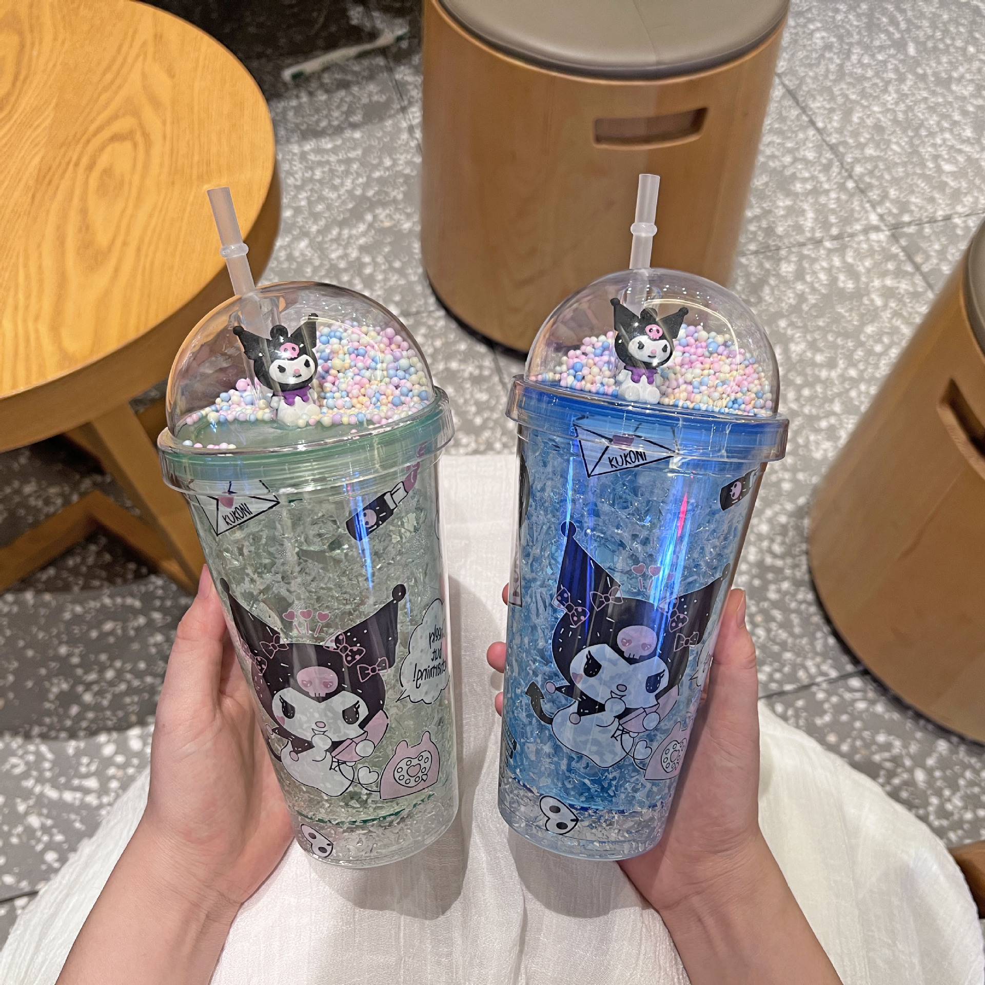 Cross-border new high-value summer net red kulomi cartoon plastic water cup straw water cup double-layer crushed ice cup