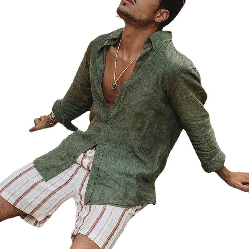 2023 foreign trade Europe and the United States cross-border Men's new wish men's long sleeve button cotton shirt lapel cardigan