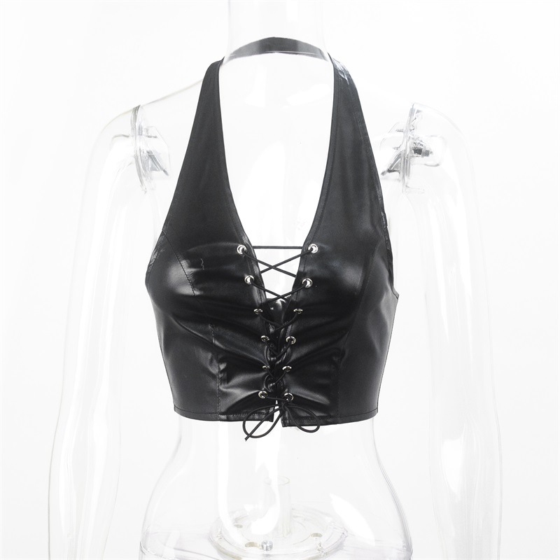 ins style European and American 2023 foreign trade summer popular halter sexy backless lace-up short women's PU vest