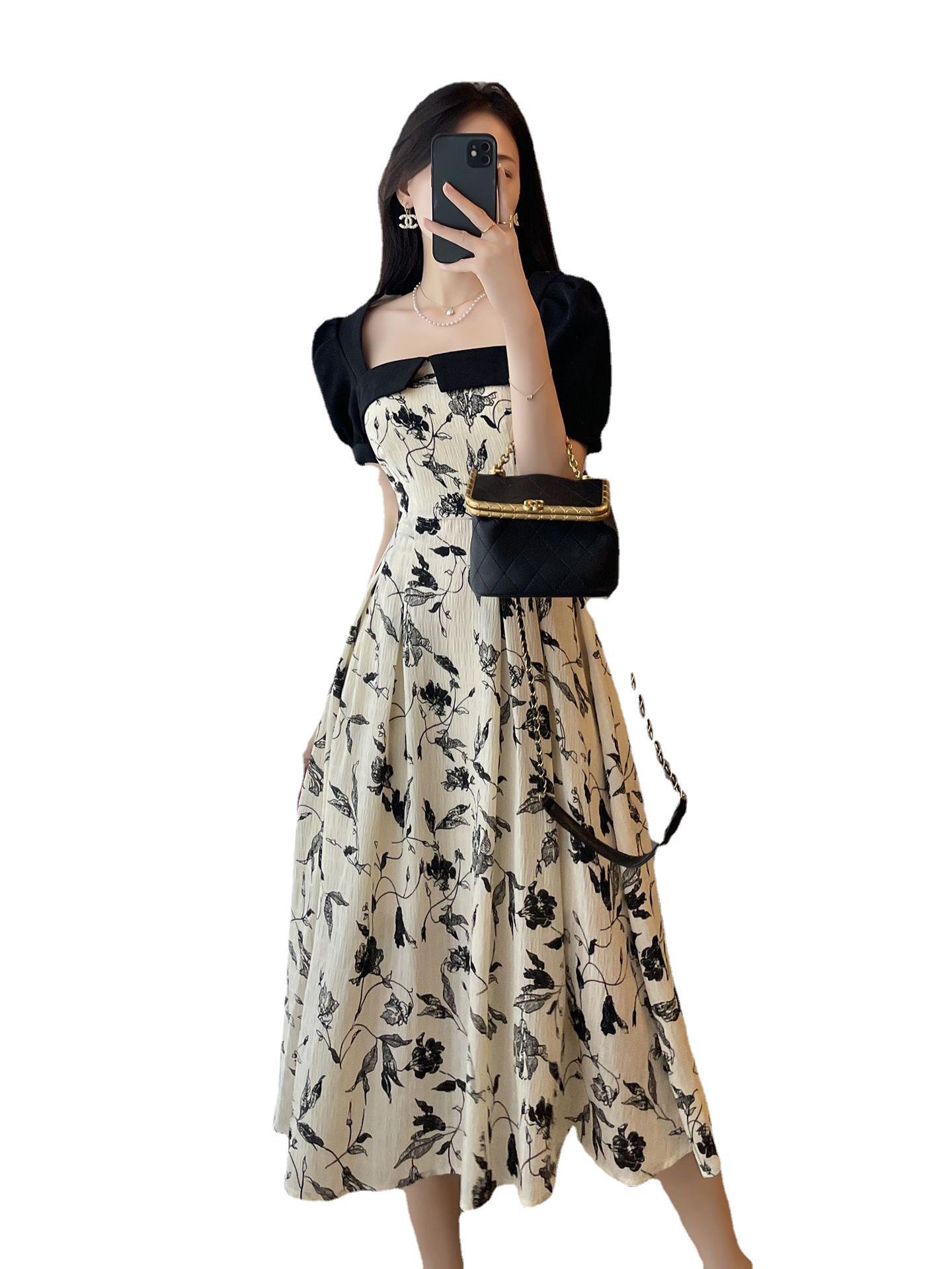 New Style Style Design Sense Slim Stitching Floral Dress Women's Summer 2022 New Square Collar Puff Sleeve A- line Dress
