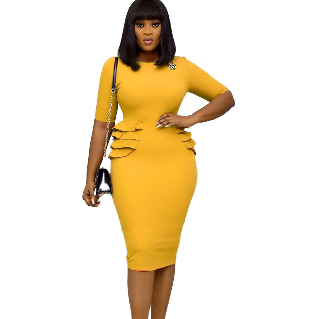 Women Summer Office Professional Formal Wear Dress Pure Color Pleated Cotton Polyester Fabric Short Sleeve Urban Style
