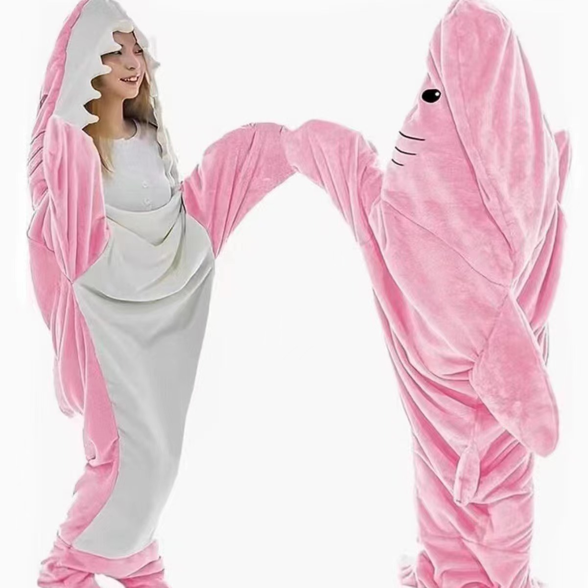 Cartoon sand carving shark sleeping bag one-piece pajamas flannel shark home wear one-piece shark summer sleeping bag
