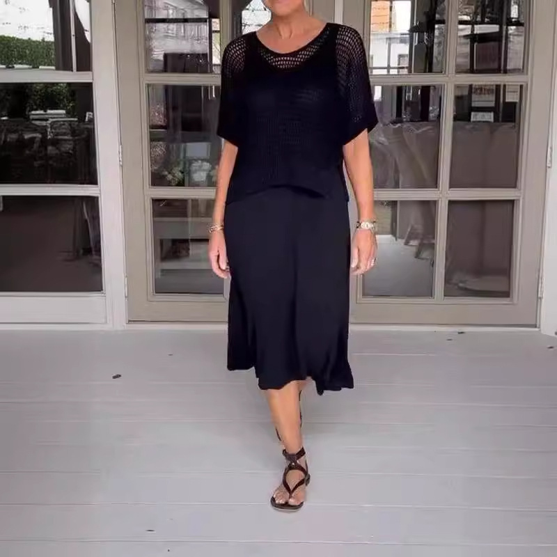 Cross-border New Rack Knitted Empty Dress suit Casual Solid Color Round Neck Knitted Sweater European and American Style dress suit