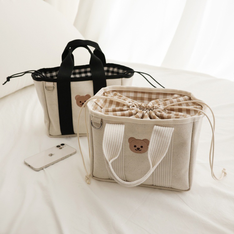 Korean Style ins Drawstring Storage Multi-Functional Portable Baby Walking Baby Bag Embroidered Bear Canvas Bag Lightweight Outgoing Bag