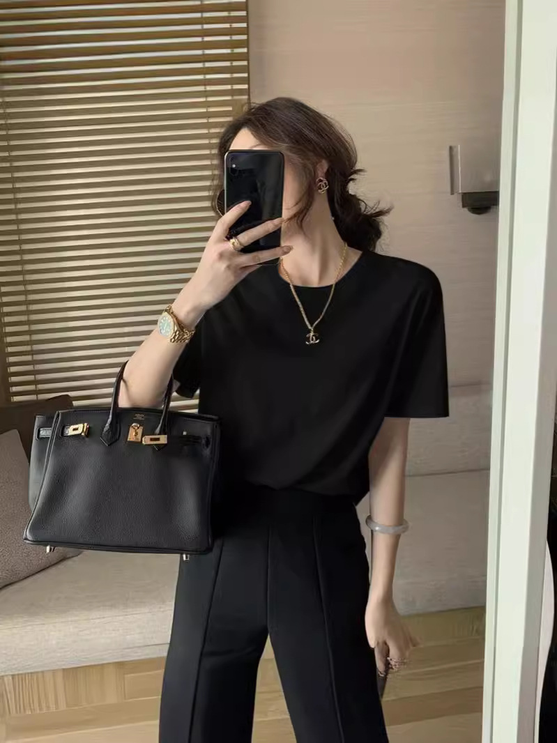 Heavy Cotton White Shoulder Short Sleeve T-shirt Women's Summer Loose Inner Base Printed Top ins Wholesale
