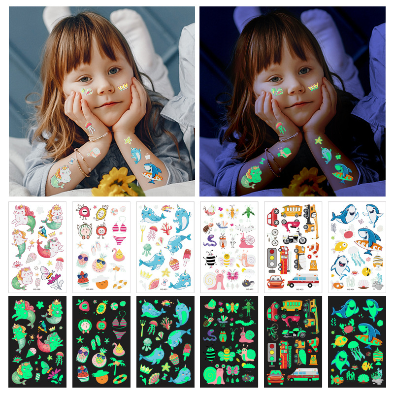 Children's Cartoon Luminous tattoo Sticker Waterproof Temporary Cute Dinosaur Unicorn Mermaid tattoo tattoo Sticker