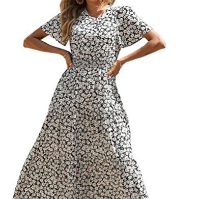 Women's Short Sleeve Round Neck Fold Elastic Waist Layered Long Dress Summer Bohemian Floral Horn Sun Dress