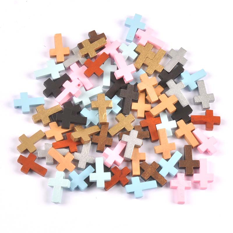 Solid color Christmas perforated cross pendant charm wooden loose beads bracelet necklace jewelry accessories 50 pcs/pack